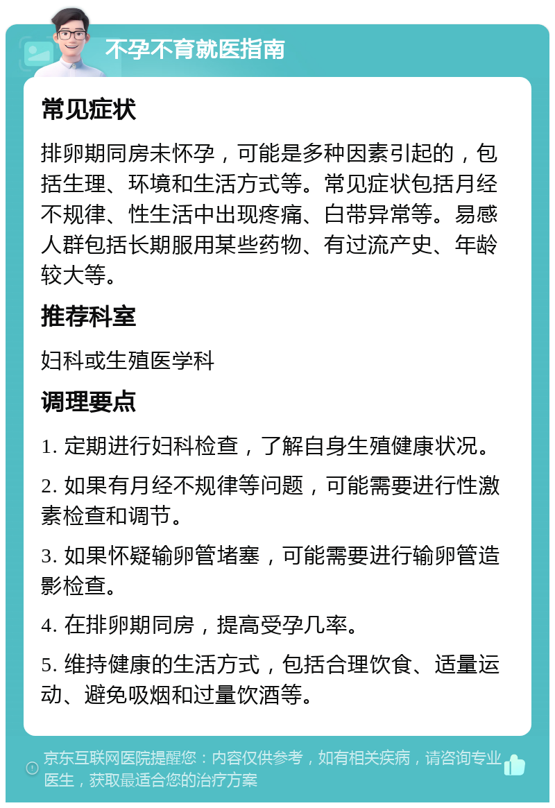 不孕不育就医指南 常见症状 排卵期同房未怀孕，可能是多种因素引起的，包括生理、环境和生活方式等。常见症状包括月经不规律、性生活中出现疼痛、白带异常等。易感人群包括长期服用某些药物、有过流产史、年龄较大等。 推荐科室 妇科或生殖医学科 调理要点 1. 定期进行妇科检查，了解自身生殖健康状况。 2. 如果有月经不规律等问题，可能需要进行性激素检查和调节。 3. 如果怀疑输卵管堵塞，可能需要进行输卵管造影检查。 4. 在排卵期同房，提高受孕几率。 5. 维持健康的生活方式，包括合理饮食、适量运动、避免吸烟和过量饮酒等。