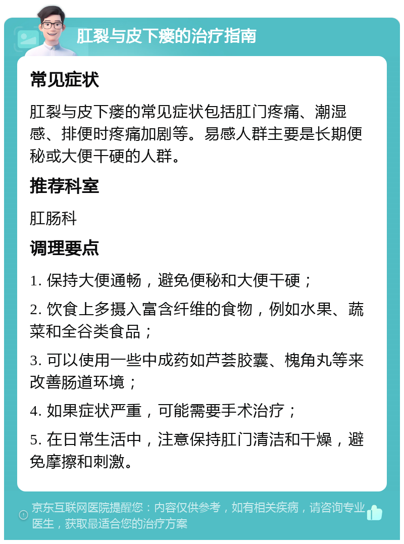 肛裂与皮下瘘的治疗指南 常见症状 肛裂与皮下瘘的常见症状包括肛门疼痛、潮湿感、排便时疼痛加剧等。易感人群主要是长期便秘或大便干硬的人群。 推荐科室 肛肠科 调理要点 1. 保持大便通畅，避免便秘和大便干硬； 2. 饮食上多摄入富含纤维的食物，例如水果、蔬菜和全谷类食品； 3. 可以使用一些中成药如芦荟胶囊、槐角丸等来改善肠道环境； 4. 如果症状严重，可能需要手术治疗； 5. 在日常生活中，注意保持肛门清洁和干燥，避免摩擦和刺激。