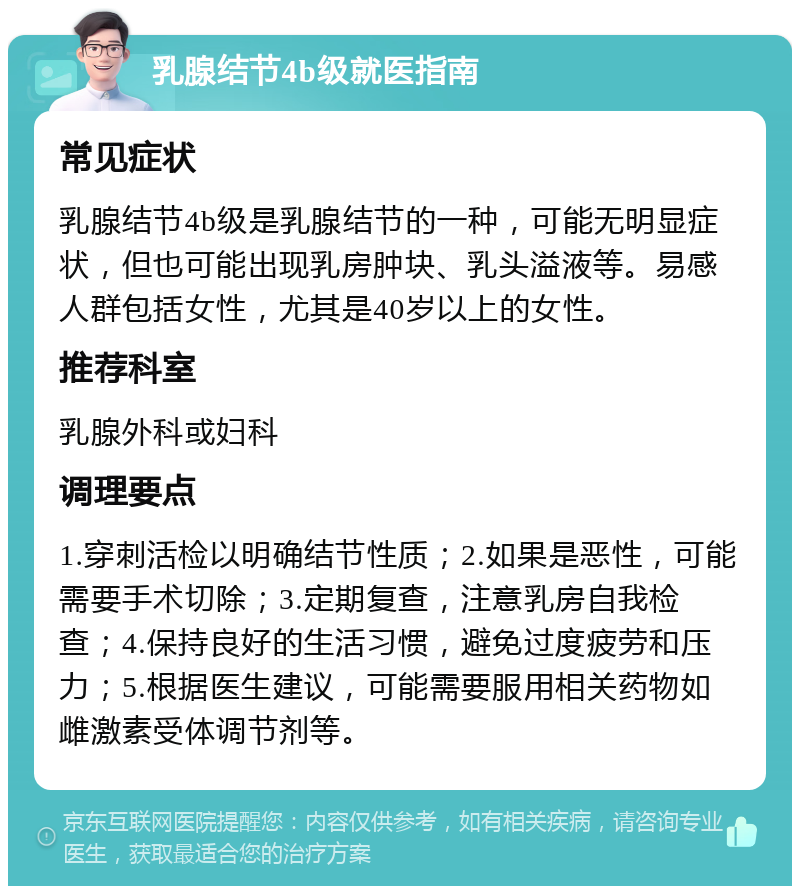 乳腺结节4b级就医指南 常见症状 乳腺结节4b级是乳腺结节的一种，可能无明显症状，但也可能出现乳房肿块、乳头溢液等。易感人群包括女性，尤其是40岁以上的女性。 推荐科室 乳腺外科或妇科 调理要点 1.穿刺活检以明确结节性质；2.如果是恶性，可能需要手术切除；3.定期复查，注意乳房自我检查；4.保持良好的生活习惯，避免过度疲劳和压力；5.根据医生建议，可能需要服用相关药物如雌激素受体调节剂等。