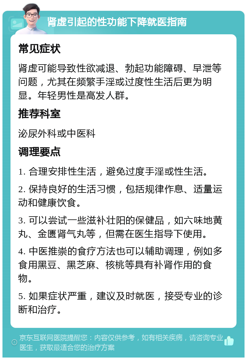 肾虚引起的性功能下降就医指南 常见症状 肾虚可能导致性欲减退、勃起功能障碍、早泄等问题，尤其在频繁手淫或过度性生活后更为明显。年轻男性是高发人群。 推荐科室 泌尿外科或中医科 调理要点 1. 合理安排性生活，避免过度手淫或性生活。 2. 保持良好的生活习惯，包括规律作息、适量运动和健康饮食。 3. 可以尝试一些滋补壮阳的保健品，如六味地黄丸、金匮肾气丸等，但需在医生指导下使用。 4. 中医推崇的食疗方法也可以辅助调理，例如多食用黑豆、黑芝麻、核桃等具有补肾作用的食物。 5. 如果症状严重，建议及时就医，接受专业的诊断和治疗。