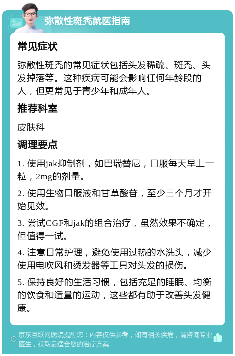 弥散性斑秃就医指南 常见症状 弥散性斑秃的常见症状包括头发稀疏、斑秃、头发掉落等。这种疾病可能会影响任何年龄段的人，但更常见于青少年和成年人。 推荐科室 皮肤科 调理要点 1. 使用jak抑制剂，如巴瑞替尼，口服每天早上一粒，2mg的剂量。 2. 使用生物口服液和甘草酸苷，至少三个月才开始见效。 3. 尝试CGF和jak的组合治疗，虽然效果不确定，但值得一试。 4. 注意日常护理，避免使用过热的水洗头，减少使用电吹风和烫发器等工具对头发的损伤。 5. 保持良好的生活习惯，包括充足的睡眠、均衡的饮食和适量的运动，这些都有助于改善头发健康。