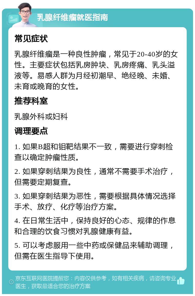 乳腺纤维瘤就医指南 常见症状 乳腺纤维瘤是一种良性肿瘤，常见于20-40岁的女性。主要症状包括乳房肿块、乳房疼痛、乳头溢液等。易感人群为月经初潮早、绝经晚、未婚、未育或晚育的女性。 推荐科室 乳腺外科或妇科 调理要点 1. 如果B超和钼靶结果不一致，需要进行穿刺检查以确定肿瘤性质。 2. 如果穿刺结果为良性，通常不需要手术治疗，但需要定期复查。 3. 如果穿刺结果为恶性，需要根据具体情况选择手术、放疗、化疗等治疗方案。 4. 在日常生活中，保持良好的心态、规律的作息和合理的饮食习惯对乳腺健康有益。 5. 可以考虑服用一些中药或保健品来辅助调理，但需在医生指导下使用。