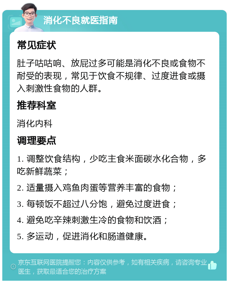 消化不良就医指南 常见症状 肚子咕咕响、放屁过多可能是消化不良或食物不耐受的表现，常见于饮食不规律、过度进食或摄入刺激性食物的人群。 推荐科室 消化内科 调理要点 1. 调整饮食结构，少吃主食米面碳水化合物，多吃新鲜蔬菜； 2. 适量摄入鸡鱼肉蛋等营养丰富的食物； 3. 每顿饭不超过八分饱，避免过度进食； 4. 避免吃辛辣刺激生冷的食物和饮酒； 5. 多运动，促进消化和肠道健康。