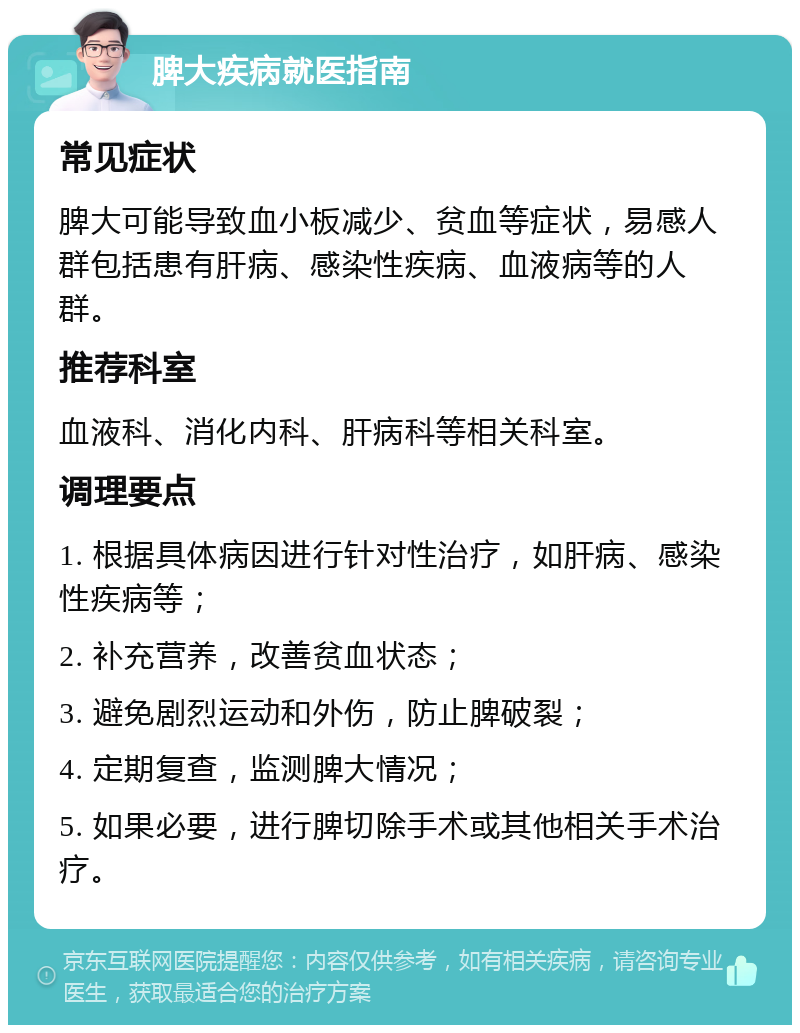 脾大疾病就医指南 常见症状 脾大可能导致血小板减少、贫血等症状，易感人群包括患有肝病、感染性疾病、血液病等的人群。 推荐科室 血液科、消化内科、肝病科等相关科室。 调理要点 1. 根据具体病因进行针对性治疗，如肝病、感染性疾病等； 2. 补充营养，改善贫血状态； 3. 避免剧烈运动和外伤，防止脾破裂； 4. 定期复查，监测脾大情况； 5. 如果必要，进行脾切除手术或其他相关手术治疗。