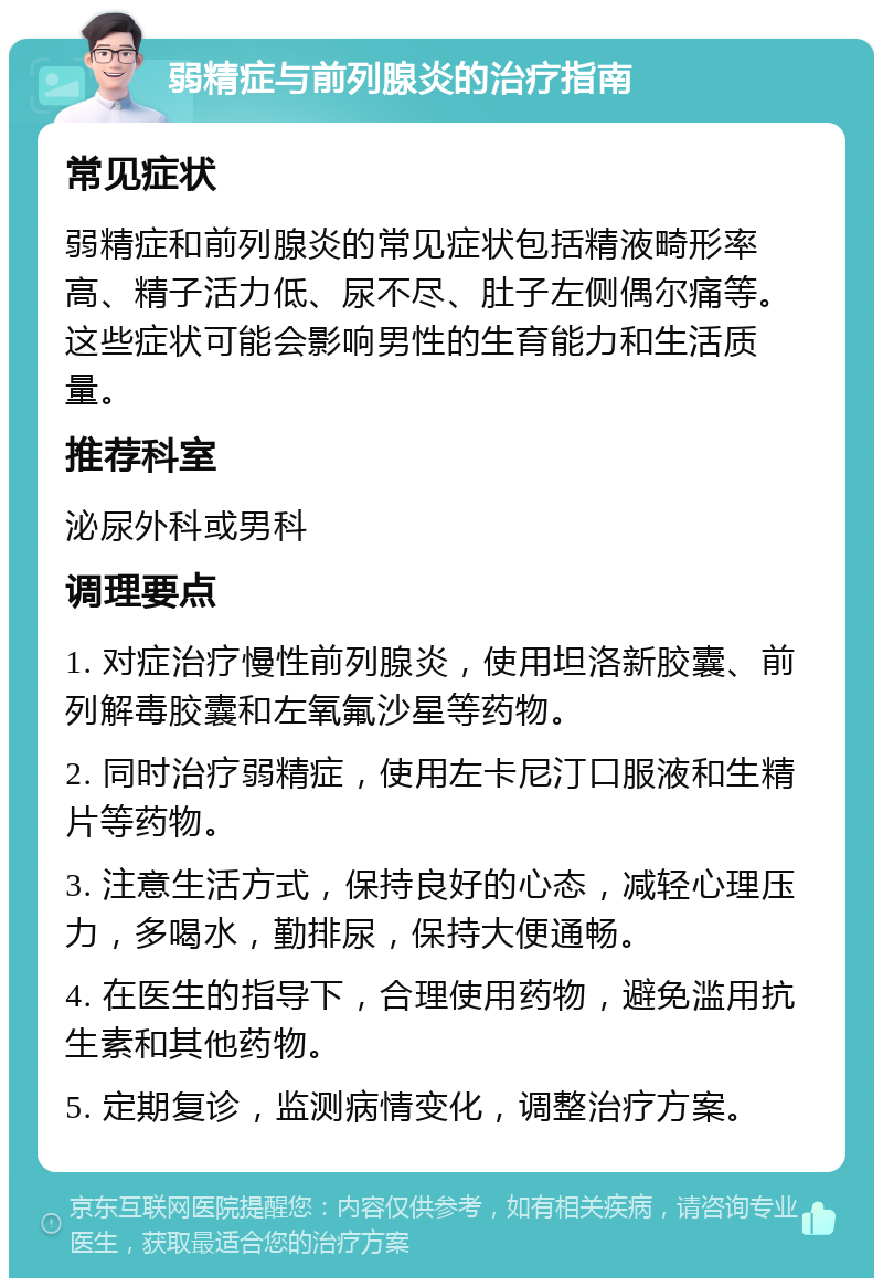 弱精症与前列腺炎的治疗指南 常见症状 弱精症和前列腺炎的常见症状包括精液畸形率高、精子活力低、尿不尽、肚子左侧偶尔痛等。这些症状可能会影响男性的生育能力和生活质量。 推荐科室 泌尿外科或男科 调理要点 1. 对症治疗慢性前列腺炎，使用坦洛新胶囊、前列解毒胶囊和左氧氟沙星等药物。 2. 同时治疗弱精症，使用左卡尼汀口服液和生精片等药物。 3. 注意生活方式，保持良好的心态，减轻心理压力，多喝水，勤排尿，保持大便通畅。 4. 在医生的指导下，合理使用药物，避免滥用抗生素和其他药物。 5. 定期复诊，监测病情变化，调整治疗方案。