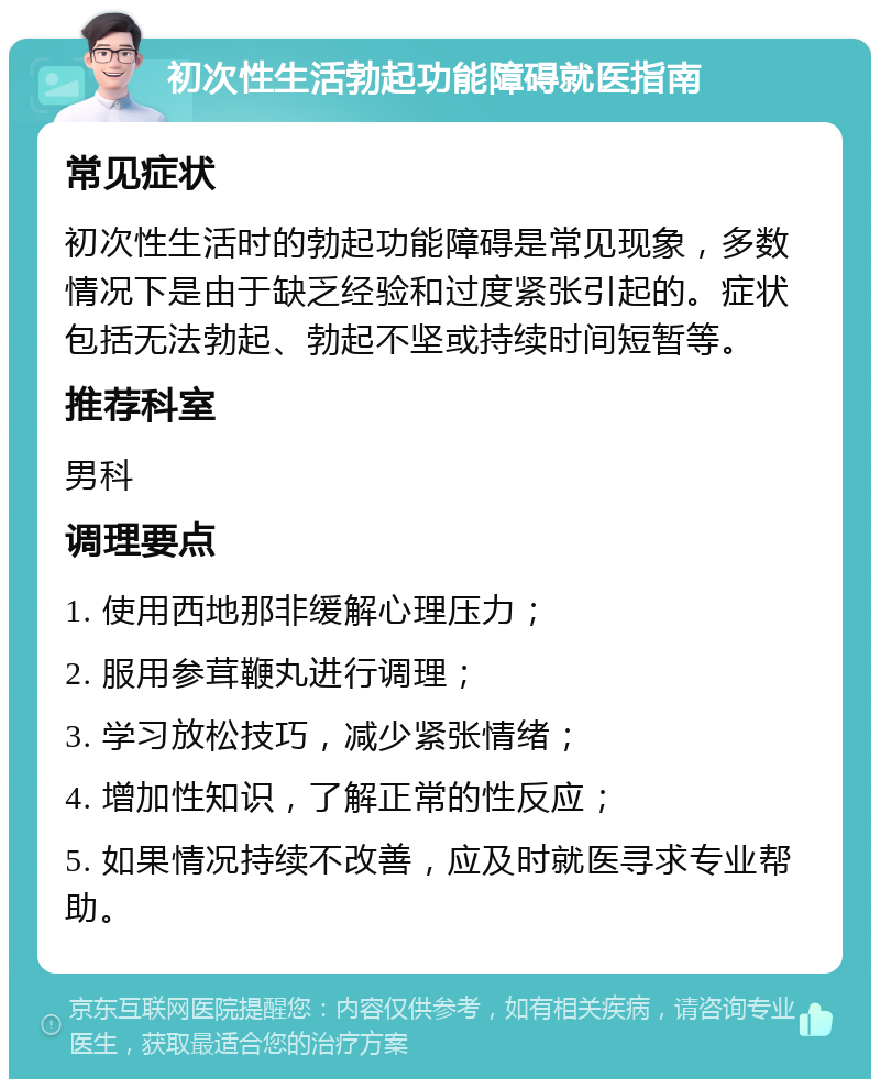 初次性生活勃起功能障碍就医指南 常见症状 初次性生活时的勃起功能障碍是常见现象，多数情况下是由于缺乏经验和过度紧张引起的。症状包括无法勃起、勃起不坚或持续时间短暂等。 推荐科室 男科 调理要点 1. 使用西地那非缓解心理压力； 2. 服用参茸鞭丸进行调理； 3. 学习放松技巧，减少紧张情绪； 4. 增加性知识，了解正常的性反应； 5. 如果情况持续不改善，应及时就医寻求专业帮助。