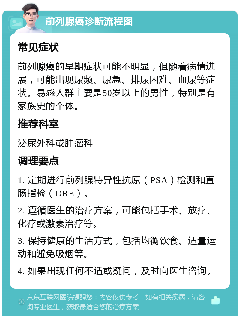 前列腺癌诊断流程图 常见症状 前列腺癌的早期症状可能不明显，但随着病情进展，可能出现尿频、尿急、排尿困难、血尿等症状。易感人群主要是50岁以上的男性，特别是有家族史的个体。 推荐科室 泌尿外科或肿瘤科 调理要点 1. 定期进行前列腺特异性抗原（PSA）检测和直肠指检（DRE）。 2. 遵循医生的治疗方案，可能包括手术、放疗、化疗或激素治疗等。 3. 保持健康的生活方式，包括均衡饮食、适量运动和避免吸烟等。 4. 如果出现任何不适或疑问，及时向医生咨询。