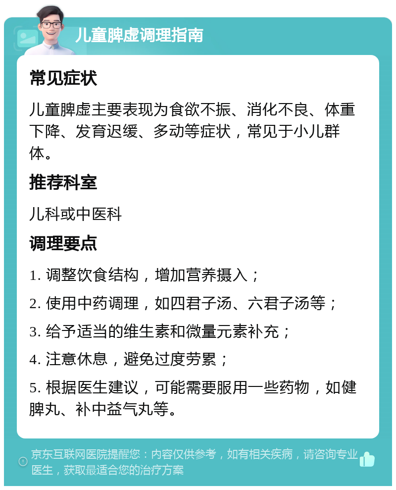 儿童脾虚调理指南 常见症状 儿童脾虚主要表现为食欲不振、消化不良、体重下降、发育迟缓、多动等症状，常见于小儿群体。 推荐科室 儿科或中医科 调理要点 1. 调整饮食结构，增加营养摄入； 2. 使用中药调理，如四君子汤、六君子汤等； 3. 给予适当的维生素和微量元素补充； 4. 注意休息，避免过度劳累； 5. 根据医生建议，可能需要服用一些药物，如健脾丸、补中益气丸等。