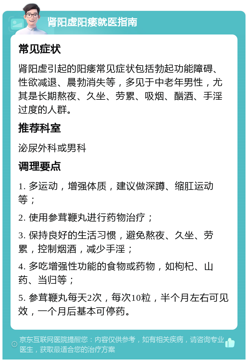 肾阳虚阳痿就医指南 常见症状 肾阳虚引起的阳痿常见症状包括勃起功能障碍、性欲减退、晨勃消失等，多见于中老年男性，尤其是长期熬夜、久坐、劳累、吸烟、酗酒、手淫过度的人群。 推荐科室 泌尿外科或男科 调理要点 1. 多运动，增强体质，建议做深蹲、缩肛运动等； 2. 使用参茸鞭丸进行药物治疗； 3. 保持良好的生活习惯，避免熬夜、久坐、劳累，控制烟酒，减少手淫； 4. 多吃增强性功能的食物或药物，如枸杞、山药、当归等； 5. 参茸鞭丸每天2次，每次10粒，半个月左右可见效，一个月后基本可停药。