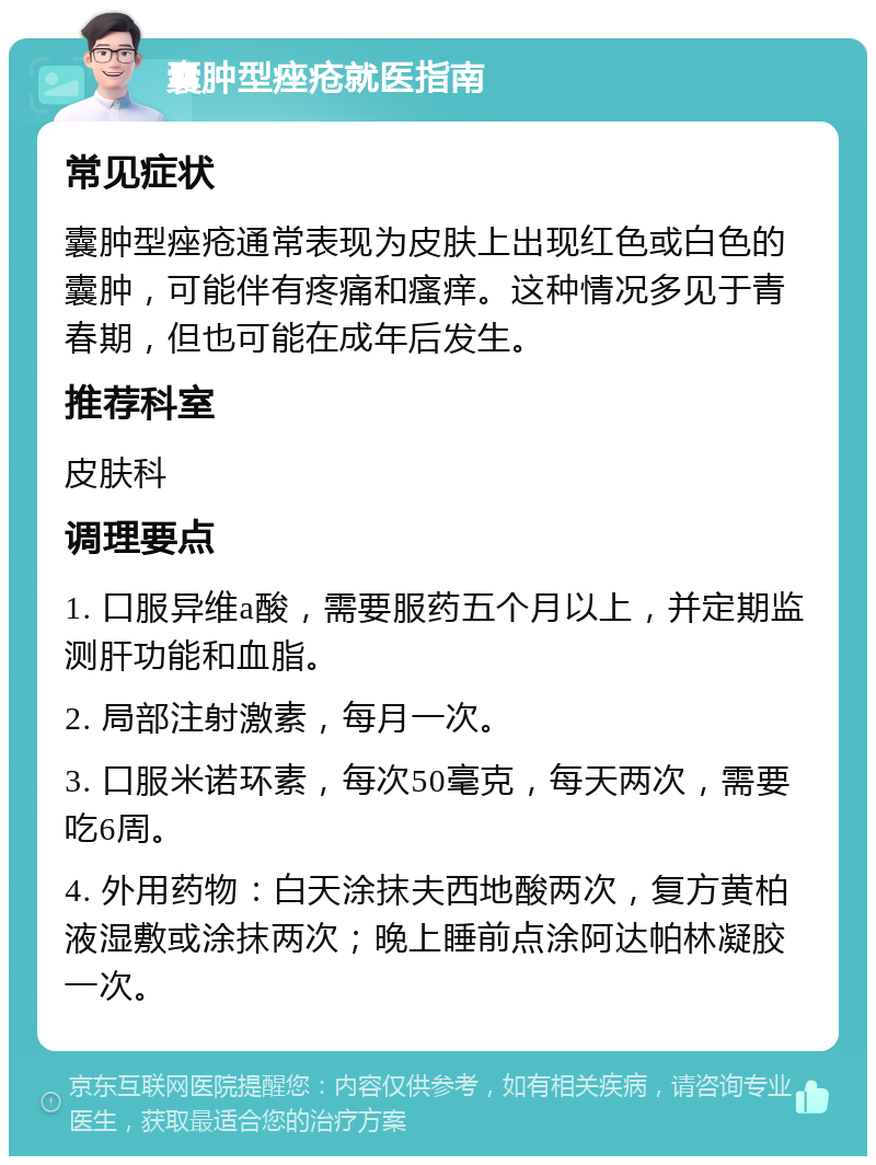 囊肿型痤疮就医指南 常见症状 囊肿型痤疮通常表现为皮肤上出现红色或白色的囊肿，可能伴有疼痛和瘙痒。这种情况多见于青春期，但也可能在成年后发生。 推荐科室 皮肤科 调理要点 1. 口服异维a酸，需要服药五个月以上，并定期监测肝功能和血脂。 2. 局部注射激素，每月一次。 3. 口服米诺环素，每次50毫克，每天两次，需要吃6周。 4. 外用药物：白天涂抹夫西地酸两次，复方黄柏液湿敷或涂抹两次；晚上睡前点涂阿达帕林凝胶一次。