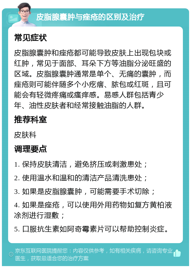 皮脂腺囊肿与痤疮的区别及治疗 常见症状 皮脂腺囊肿和痤疮都可能导致皮肤上出现包块或红肿，常见于面部、耳朵下方等油脂分泌旺盛的区域。皮脂腺囊肿通常是单个、无痛的囊肿，而痤疮则可能伴随多个小疙瘩、脓包或红斑，且可能会有轻微疼痛或瘙痒感。易感人群包括青少年、油性皮肤者和经常接触油脂的人群。 推荐科室 皮肤科 调理要点 1. 保持皮肤清洁，避免挤压或刺激患处； 2. 使用温水和温和的清洁产品清洗患处； 3. 如果是皮脂腺囊肿，可能需要手术切除； 4. 如果是痤疮，可以使用外用药物如复方黄柏液凃剂进行湿敷； 5. 口服抗生素如阿奇霉素片可以帮助控制炎症。