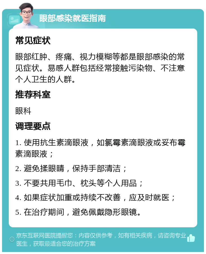 眼部感染就医指南 常见症状 眼部红肿、疼痛、视力模糊等都是眼部感染的常见症状。易感人群包括经常接触污染物、不注意个人卫生的人群。 推荐科室 眼科 调理要点 1. 使用抗生素滴眼液，如氯霉素滴眼液或妥布霉素滴眼液； 2. 避免揉眼睛，保持手部清洁； 3. 不要共用毛巾、枕头等个人用品； 4. 如果症状加重或持续不改善，应及时就医； 5. 在治疗期间，避免佩戴隐形眼镜。