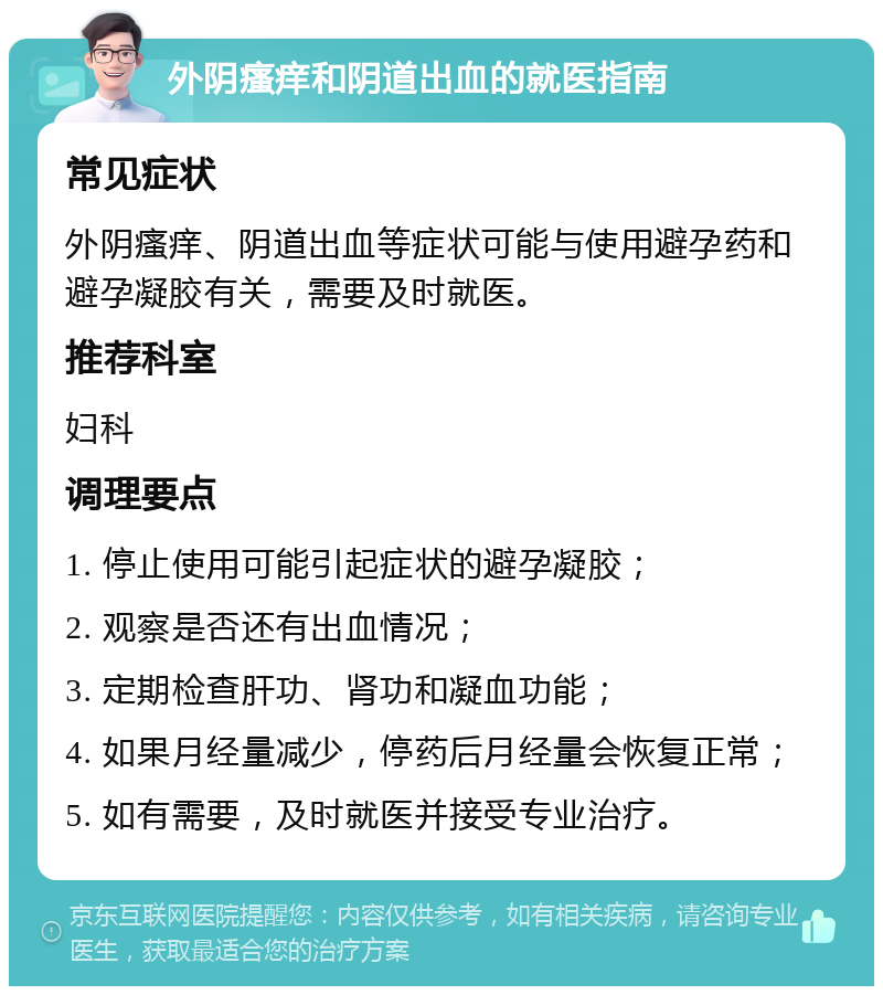 外阴瘙痒和阴道出血的就医指南 常见症状 外阴瘙痒、阴道出血等症状可能与使用避孕药和避孕凝胶有关，需要及时就医。 推荐科室 妇科 调理要点 1. 停止使用可能引起症状的避孕凝胶； 2. 观察是否还有出血情况； 3. 定期检查肝功、肾功和凝血功能； 4. 如果月经量减少，停药后月经量会恢复正常； 5. 如有需要，及时就医并接受专业治疗。