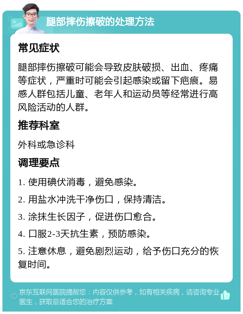 腿部摔伤擦破的处理方法 常见症状 腿部摔伤擦破可能会导致皮肤破损、出血、疼痛等症状，严重时可能会引起感染或留下疤痕。易感人群包括儿童、老年人和运动员等经常进行高风险活动的人群。 推荐科室 外科或急诊科 调理要点 1. 使用碘伏消毒，避免感染。 2. 用盐水冲洗干净伤口，保持清洁。 3. 涂抹生长因子，促进伤口愈合。 4. 口服2-3天抗生素，预防感染。 5. 注意休息，避免剧烈运动，给予伤口充分的恢复时间。