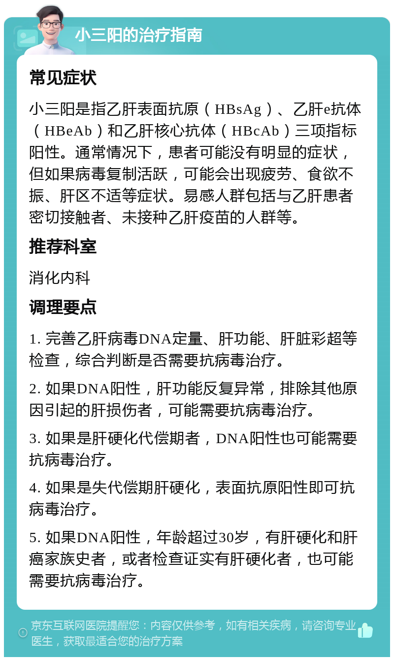 小三阳的治疗指南 常见症状 小三阳是指乙肝表面抗原（HBsAg）、乙肝e抗体（HBeAb）和乙肝核心抗体（HBcAb）三项指标阳性。通常情况下，患者可能没有明显的症状，但如果病毒复制活跃，可能会出现疲劳、食欲不振、肝区不适等症状。易感人群包括与乙肝患者密切接触者、未接种乙肝疫苗的人群等。 推荐科室 消化内科 调理要点 1. 完善乙肝病毒DNA定量、肝功能、肝脏彩超等检查，综合判断是否需要抗病毒治疗。 2. 如果DNA阳性，肝功能反复异常，排除其他原因引起的肝损伤者，可能需要抗病毒治疗。 3. 如果是肝硬化代偿期者，DNA阳性也可能需要抗病毒治疗。 4. 如果是失代偿期肝硬化，表面抗原阳性即可抗病毒治疗。 5. 如果DNA阳性，年龄超过30岁，有肝硬化和肝癌家族史者，或者检查证实有肝硬化者，也可能需要抗病毒治疗。