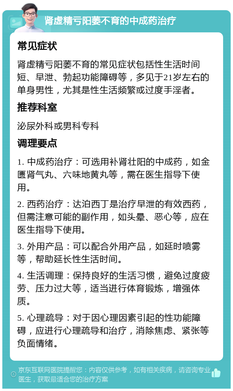 肾虚精亏阳萎不育的中成药治疗 常见症状 肾虚精亏阳萎不育的常见症状包括性生活时间短、早泄、勃起功能障碍等，多见于21岁左右的单身男性，尤其是性生活频繁或过度手淫者。 推荐科室 泌尿外科或男科专科 调理要点 1. 中成药治疗：可选用补肾壮阳的中成药，如金匮肾气丸、六味地黄丸等，需在医生指导下使用。 2. 西药治疗：达泊西丁是治疗早泄的有效西药，但需注意可能的副作用，如头晕、恶心等，应在医生指导下使用。 3. 外用产品：可以配合外用产品，如延时喷雾等，帮助延长性生活时间。 4. 生活调理：保持良好的生活习惯，避免过度疲劳、压力过大等，适当进行体育锻炼，增强体质。 5. 心理疏导：对于因心理因素引起的性功能障碍，应进行心理疏导和治疗，消除焦虑、紧张等负面情绪。