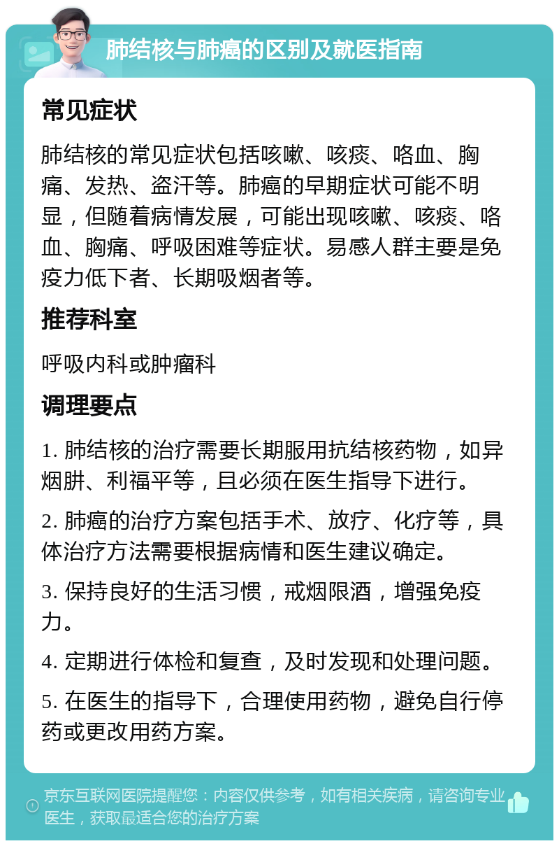 肺结核与肺癌的区别及就医指南 常见症状 肺结核的常见症状包括咳嗽、咳痰、咯血、胸痛、发热、盗汗等。肺癌的早期症状可能不明显，但随着病情发展，可能出现咳嗽、咳痰、咯血、胸痛、呼吸困难等症状。易感人群主要是免疫力低下者、长期吸烟者等。 推荐科室 呼吸内科或肿瘤科 调理要点 1. 肺结核的治疗需要长期服用抗结核药物，如异烟肼、利福平等，且必须在医生指导下进行。 2. 肺癌的治疗方案包括手术、放疗、化疗等，具体治疗方法需要根据病情和医生建议确定。 3. 保持良好的生活习惯，戒烟限酒，增强免疫力。 4. 定期进行体检和复查，及时发现和处理问题。 5. 在医生的指导下，合理使用药物，避免自行停药或更改用药方案。