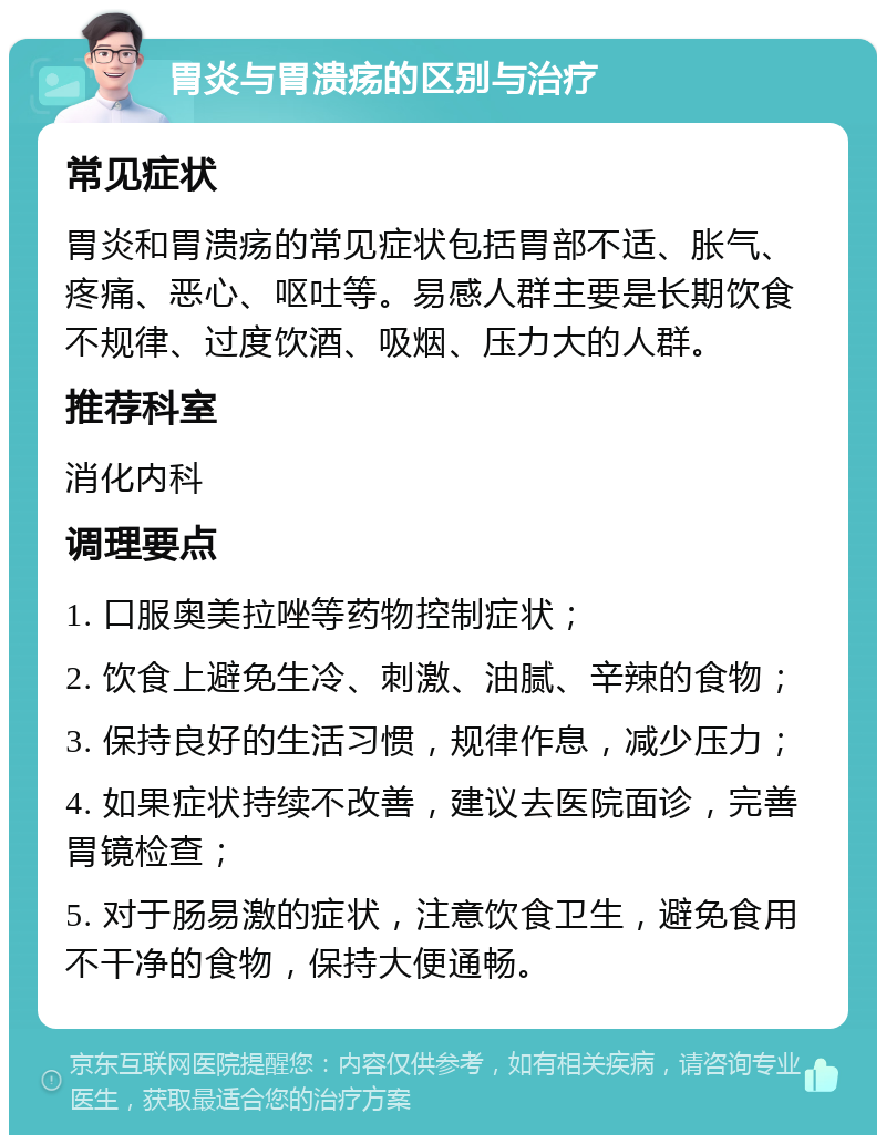 胃炎与胃溃疡的区别与治疗 常见症状 胃炎和胃溃疡的常见症状包括胃部不适、胀气、疼痛、恶心、呕吐等。易感人群主要是长期饮食不规律、过度饮酒、吸烟、压力大的人群。 推荐科室 消化内科 调理要点 1. 口服奥美拉唑等药物控制症状； 2. 饮食上避免生冷、刺激、油腻、辛辣的食物； 3. 保持良好的生活习惯，规律作息，减少压力； 4. 如果症状持续不改善，建议去医院面诊，完善胃镜检查； 5. 对于肠易激的症状，注意饮食卫生，避免食用不干净的食物，保持大便通畅。