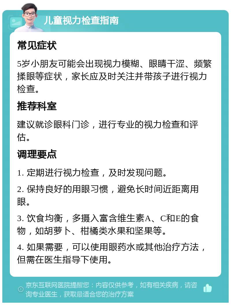 儿童视力检查指南 常见症状 5岁小朋友可能会出现视力模糊、眼睛干涩、频繁揉眼等症状，家长应及时关注并带孩子进行视力检查。 推荐科室 建议就诊眼科门诊，进行专业的视力检查和评估。 调理要点 1. 定期进行视力检查，及时发现问题。 2. 保持良好的用眼习惯，避免长时间近距离用眼。 3. 饮食均衡，多摄入富含维生素A、C和E的食物，如胡萝卜、柑橘类水果和坚果等。 4. 如果需要，可以使用眼药水或其他治疗方法，但需在医生指导下使用。