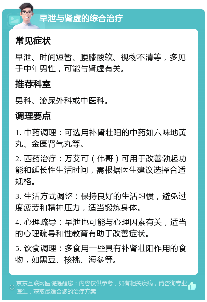 早泄与肾虚的综合治疗 常见症状 早泄、时间短暂、腰膝酸软、视物不清等，多见于中年男性，可能与肾虚有关。 推荐科室 男科、泌尿外科或中医科。 调理要点 1. 中药调理：可选用补肾壮阳的中药如六味地黄丸、金匮肾气丸等。 2. 西药治疗：万艾可（伟哥）可用于改善勃起功能和延长性生活时间，需根据医生建议选择合适规格。 3. 生活方式调整：保持良好的生活习惯，避免过度疲劳和精神压力，适当锻炼身体。 4. 心理疏导：早泄也可能与心理因素有关，适当的心理疏导和性教育有助于改善症状。 5. 饮食调理：多食用一些具有补肾壮阳作用的食物，如黑豆、核桃、海参等。