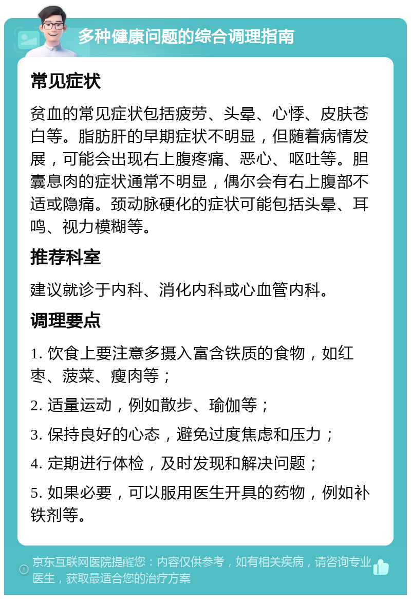 多种健康问题的综合调理指南 常见症状 贫血的常见症状包括疲劳、头晕、心悸、皮肤苍白等。脂肪肝的早期症状不明显，但随着病情发展，可能会出现右上腹疼痛、恶心、呕吐等。胆囊息肉的症状通常不明显，偶尔会有右上腹部不适或隐痛。颈动脉硬化的症状可能包括头晕、耳鸣、视力模糊等。 推荐科室 建议就诊于内科、消化内科或心血管内科。 调理要点 1. 饮食上要注意多摄入富含铁质的食物，如红枣、菠菜、瘦肉等； 2. 适量运动，例如散步、瑜伽等； 3. 保持良好的心态，避免过度焦虑和压力； 4. 定期进行体检，及时发现和解决问题； 5. 如果必要，可以服用医生开具的药物，例如补铁剂等。