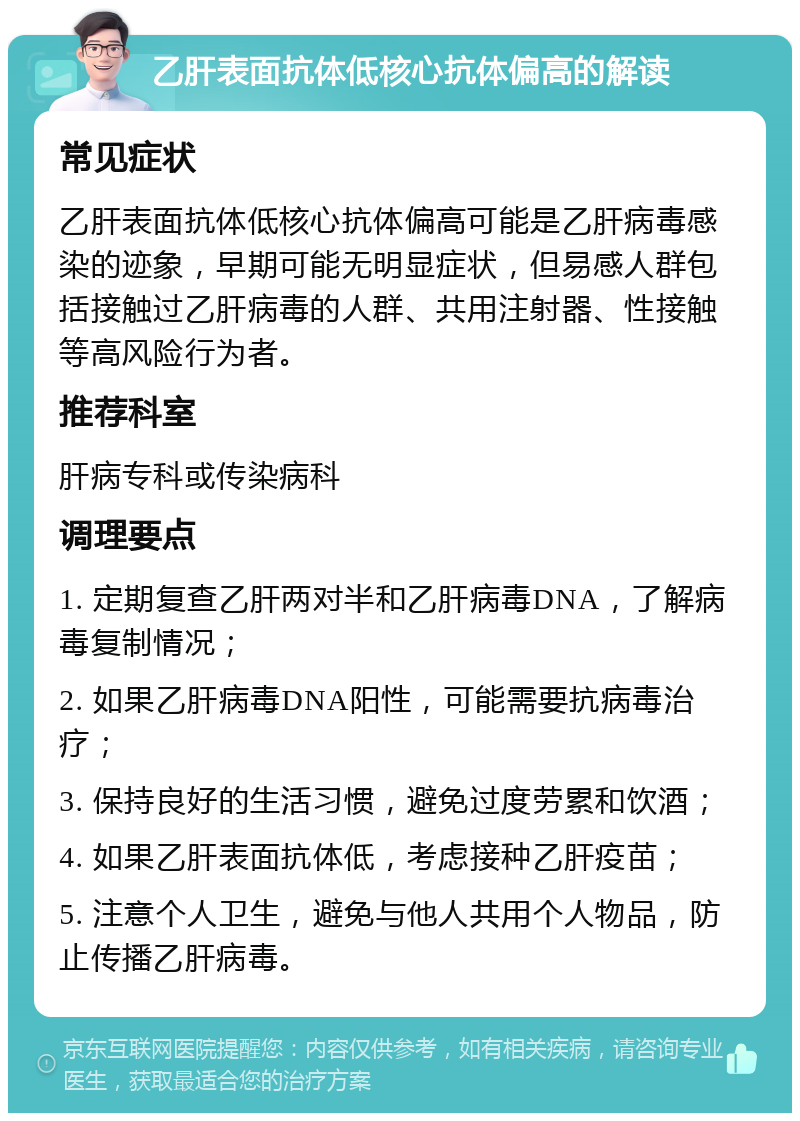 乙肝表面抗体低核心抗体偏高的解读 常见症状 乙肝表面抗体低核心抗体偏高可能是乙肝病毒感染的迹象，早期可能无明显症状，但易感人群包括接触过乙肝病毒的人群、共用注射器、性接触等高风险行为者。 推荐科室 肝病专科或传染病科 调理要点 1. 定期复查乙肝两对半和乙肝病毒DNA，了解病毒复制情况； 2. 如果乙肝病毒DNA阳性，可能需要抗病毒治疗； 3. 保持良好的生活习惯，避免过度劳累和饮酒； 4. 如果乙肝表面抗体低，考虑接种乙肝疫苗； 5. 注意个人卫生，避免与他人共用个人物品，防止传播乙肝病毒。