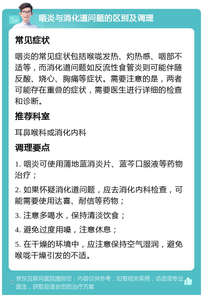 咽炎与消化道问题的区别及调理 常见症状 咽炎的常见症状包括喉咙发热、灼热感、咽部不适等，而消化道问题如反流性食管炎则可能伴随反酸、烧心、胸痛等症状。需要注意的是，两者可能存在重叠的症状，需要医生进行详细的检查和诊断。 推荐科室 耳鼻喉科或消化内科 调理要点 1. 咽炎可使用蒲地蓝消炎片、蓝芩口服液等药物治疗； 2. 如果怀疑消化道问题，应去消化内科检查，可能需要使用达喜、耐信等药物； 3. 注意多喝水，保持清淡饮食； 4. 避免过度用嗓，注意休息； 5. 在干燥的环境中，应注意保持空气湿润，避免喉咙干燥引发的不适。