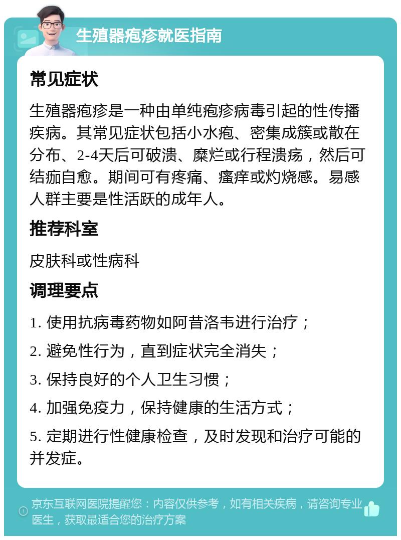 生殖器疱疹就医指南 常见症状 生殖器疱疹是一种由单纯疱疹病毒引起的性传播疾病。其常见症状包括小水疱、密集成簇或散在分布、2-4天后可破溃、糜烂或行程溃疡，然后可结痂自愈。期间可有疼痛、瘙痒或灼烧感。易感人群主要是性活跃的成年人。 推荐科室 皮肤科或性病科 调理要点 1. 使用抗病毒药物如阿昔洛韦进行治疗； 2. 避免性行为，直到症状完全消失； 3. 保持良好的个人卫生习惯； 4. 加强免疫力，保持健康的生活方式； 5. 定期进行性健康检查，及时发现和治疗可能的并发症。