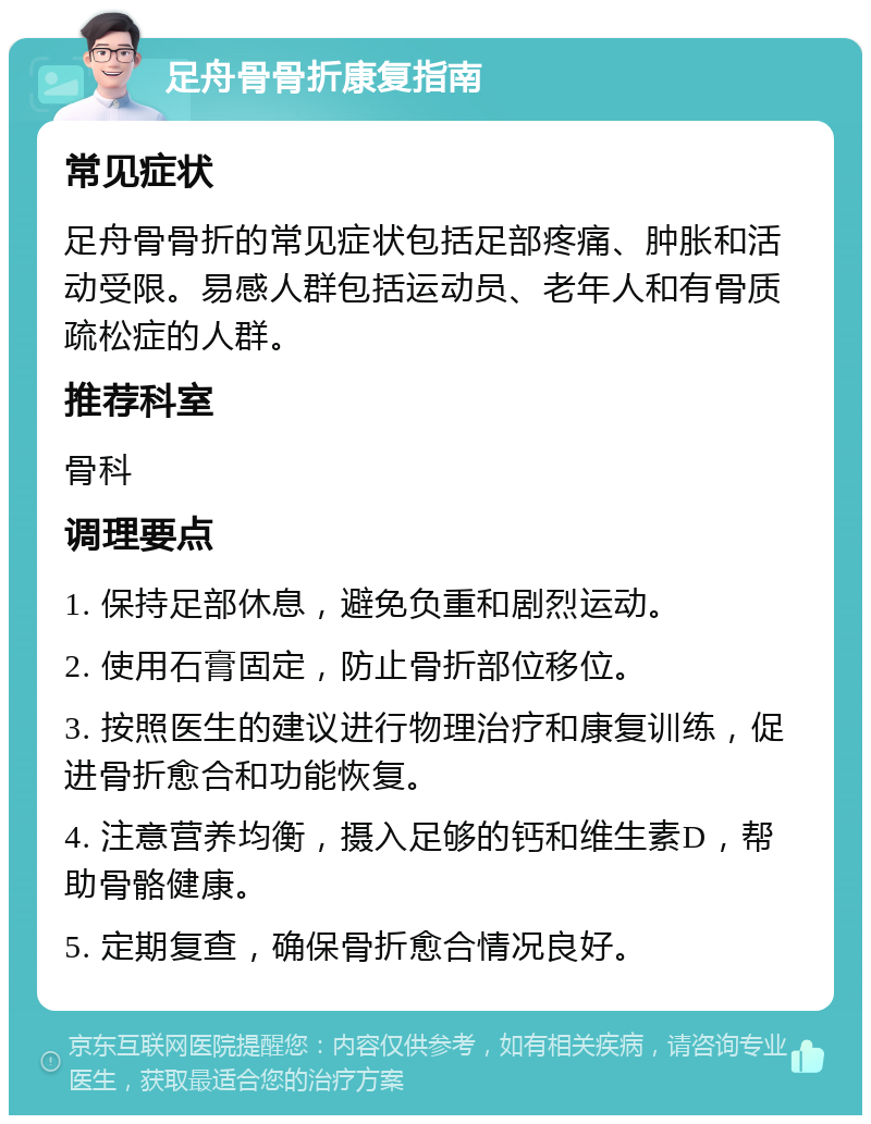 足舟骨骨折康复指南 常见症状 足舟骨骨折的常见症状包括足部疼痛、肿胀和活动受限。易感人群包括运动员、老年人和有骨质疏松症的人群。 推荐科室 骨科 调理要点 1. 保持足部休息，避免负重和剧烈运动。 2. 使用石膏固定，防止骨折部位移位。 3. 按照医生的建议进行物理治疗和康复训练，促进骨折愈合和功能恢复。 4. 注意营养均衡，摄入足够的钙和维生素D，帮助骨骼健康。 5. 定期复查，确保骨折愈合情况良好。