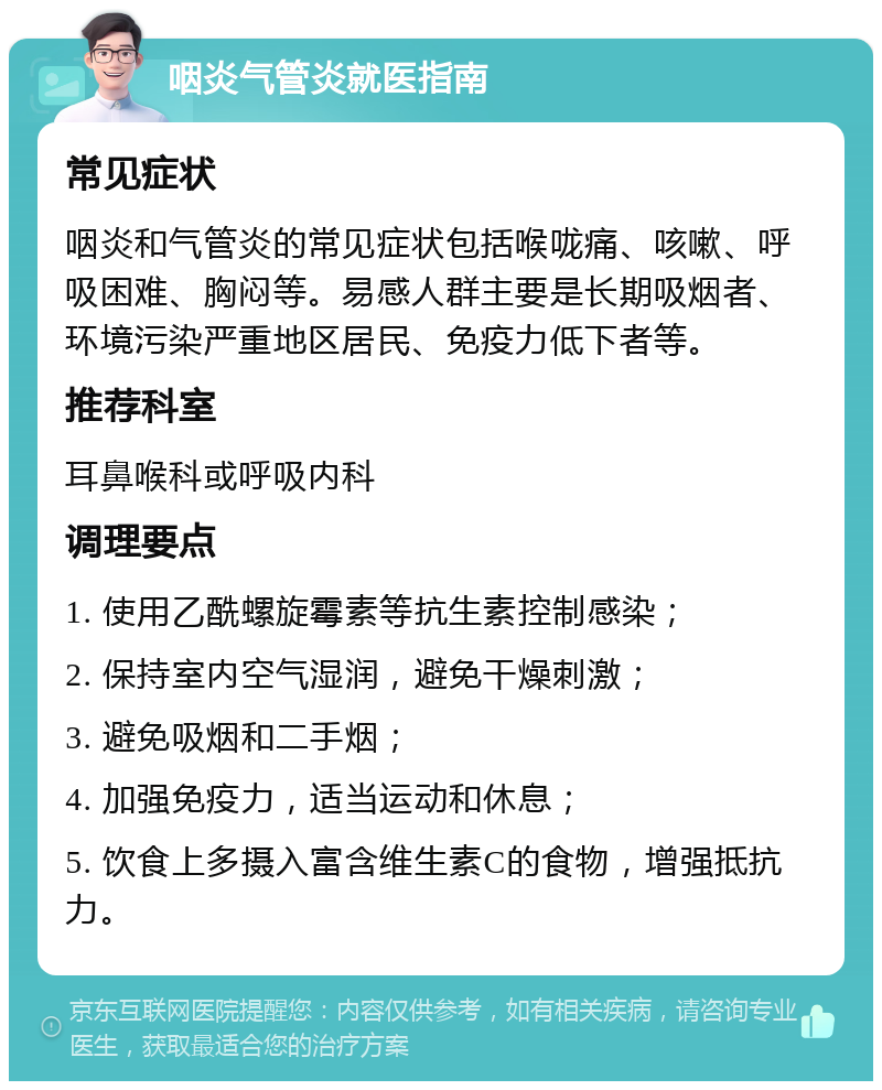 咽炎气管炎就医指南 常见症状 咽炎和气管炎的常见症状包括喉咙痛、咳嗽、呼吸困难、胸闷等。易感人群主要是长期吸烟者、环境污染严重地区居民、免疫力低下者等。 推荐科室 耳鼻喉科或呼吸内科 调理要点 1. 使用乙酰螺旋霉素等抗生素控制感染； 2. 保持室内空气湿润，避免干燥刺激； 3. 避免吸烟和二手烟； 4. 加强免疫力，适当运动和休息； 5. 饮食上多摄入富含维生素C的食物，增强抵抗力。