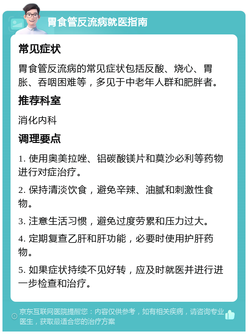 胃食管反流病就医指南 常见症状 胃食管反流病的常见症状包括反酸、烧心、胃胀、吞咽困难等，多见于中老年人群和肥胖者。 推荐科室 消化内科 调理要点 1. 使用奥美拉唑、铝碳酸镁片和莫沙必利等药物进行对症治疗。 2. 保持清淡饮食，避免辛辣、油腻和刺激性食物。 3. 注意生活习惯，避免过度劳累和压力过大。 4. 定期复查乙肝和肝功能，必要时使用护肝药物。 5. 如果症状持续不见好转，应及时就医并进行进一步检查和治疗。