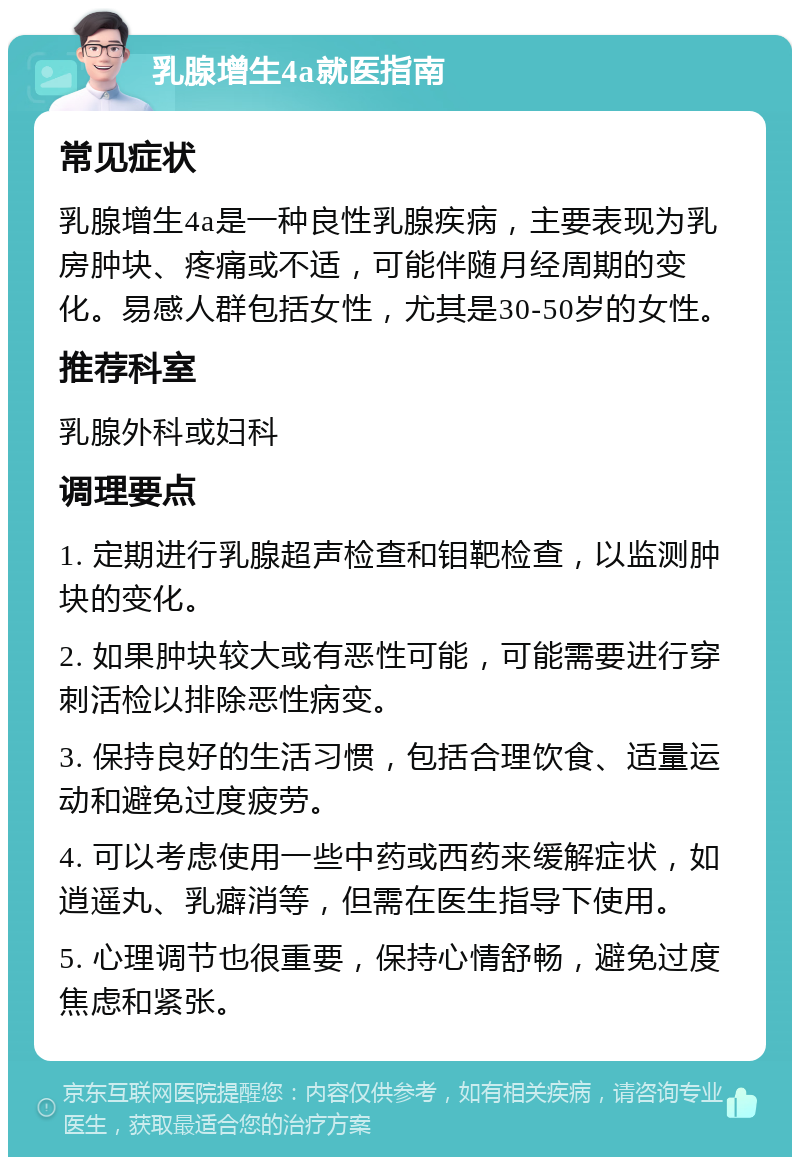 乳腺增生4a就医指南 常见症状 乳腺增生4a是一种良性乳腺疾病，主要表现为乳房肿块、疼痛或不适，可能伴随月经周期的变化。易感人群包括女性，尤其是30-50岁的女性。 推荐科室 乳腺外科或妇科 调理要点 1. 定期进行乳腺超声检查和钼靶检查，以监测肿块的变化。 2. 如果肿块较大或有恶性可能，可能需要进行穿刺活检以排除恶性病变。 3. 保持良好的生活习惯，包括合理饮食、适量运动和避免过度疲劳。 4. 可以考虑使用一些中药或西药来缓解症状，如逍遥丸、乳癖消等，但需在医生指导下使用。 5. 心理调节也很重要，保持心情舒畅，避免过度焦虑和紧张。