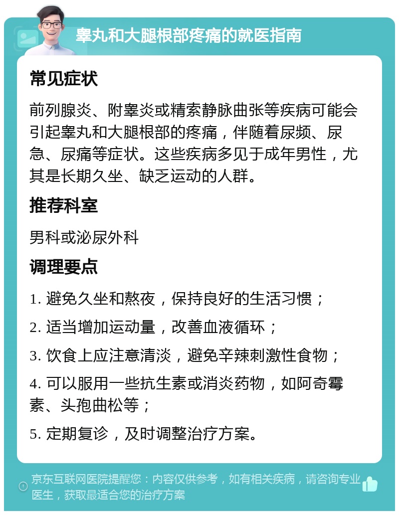 睾丸和大腿根部疼痛的就医指南 常见症状 前列腺炎、附睾炎或精索静脉曲张等疾病可能会引起睾丸和大腿根部的疼痛，伴随着尿频、尿急、尿痛等症状。这些疾病多见于成年男性，尤其是长期久坐、缺乏运动的人群。 推荐科室 男科或泌尿外科 调理要点 1. 避免久坐和熬夜，保持良好的生活习惯； 2. 适当增加运动量，改善血液循环； 3. 饮食上应注意清淡，避免辛辣刺激性食物； 4. 可以服用一些抗生素或消炎药物，如阿奇霉素、头孢曲松等； 5. 定期复诊，及时调整治疗方案。