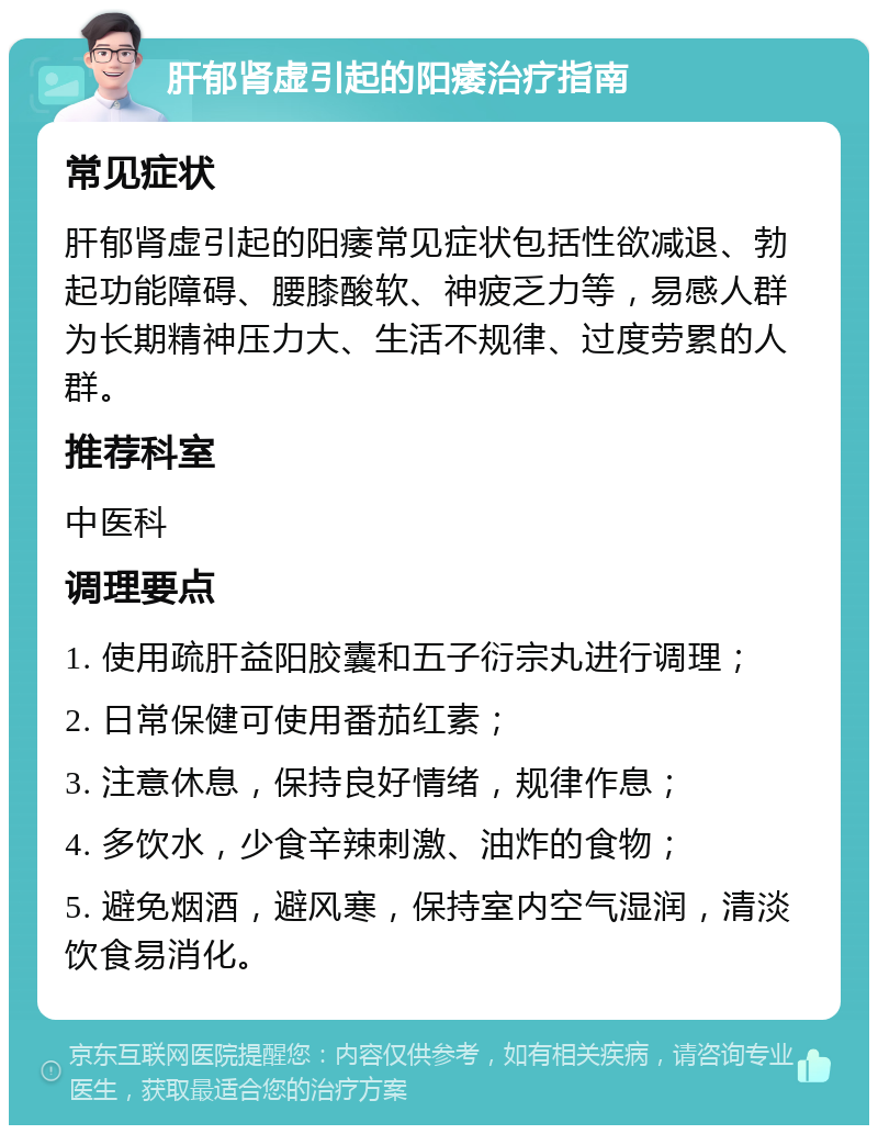 肝郁肾虚引起的阳痿治疗指南 常见症状 肝郁肾虚引起的阳痿常见症状包括性欲减退、勃起功能障碍、腰膝酸软、神疲乏力等，易感人群为长期精神压力大、生活不规律、过度劳累的人群。 推荐科室 中医科 调理要点 1. 使用疏肝益阳胶囊和五子衍宗丸进行调理； 2. 日常保健可使用番茄红素； 3. 注意休息，保持良好情绪，规律作息； 4. 多饮水，少食辛辣刺激、油炸的食物； 5. 避免烟酒，避风寒，保持室内空气湿润，清淡饮食易消化。