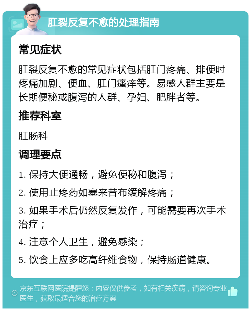 肛裂反复不愈的处理指南 常见症状 肛裂反复不愈的常见症状包括肛门疼痛、排便时疼痛加剧、便血、肛门瘙痒等。易感人群主要是长期便秘或腹泻的人群、孕妇、肥胖者等。 推荐科室 肛肠科 调理要点 1. 保持大便通畅，避免便秘和腹泻； 2. 使用止疼药如塞来昔布缓解疼痛； 3. 如果手术后仍然反复发作，可能需要再次手术治疗； 4. 注意个人卫生，避免感染； 5. 饮食上应多吃高纤维食物，保持肠道健康。