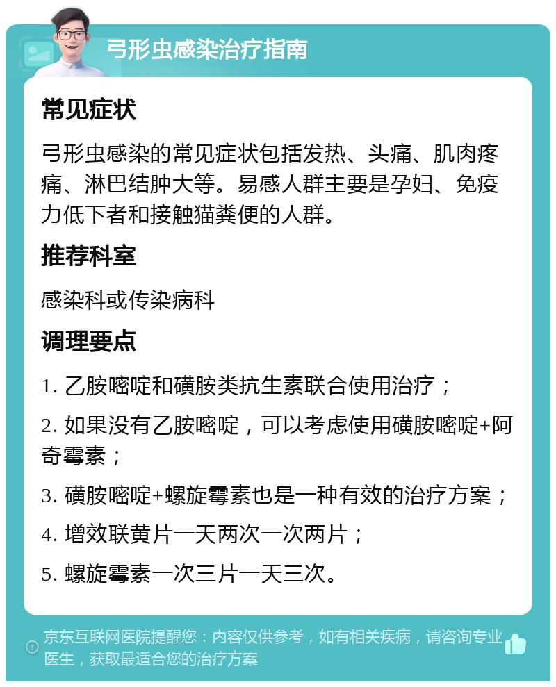 弓形虫感染治疗指南 常见症状 弓形虫感染的常见症状包括发热、头痛、肌肉疼痛、淋巴结肿大等。易感人群主要是孕妇、免疫力低下者和接触猫粪便的人群。 推荐科室 感染科或传染病科 调理要点 1. 乙胺嘧啶和磺胺类抗生素联合使用治疗； 2. 如果没有乙胺嘧啶，可以考虑使用磺胺嘧啶+阿奇霉素； 3. 磺胺嘧啶+螺旋霉素也是一种有效的治疗方案； 4. 增效联黄片一天两次一次两片； 5. 螺旋霉素一次三片一天三次。