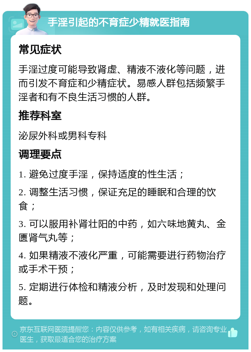 手淫引起的不育症少精就医指南 常见症状 手淫过度可能导致肾虚、精液不液化等问题，进而引发不育症和少精症状。易感人群包括频繁手淫者和有不良生活习惯的人群。 推荐科室 泌尿外科或男科专科 调理要点 1. 避免过度手淫，保持适度的性生活； 2. 调整生活习惯，保证充足的睡眠和合理的饮食； 3. 可以服用补肾壮阳的中药，如六味地黄丸、金匮肾气丸等； 4. 如果精液不液化严重，可能需要进行药物治疗或手术干预； 5. 定期进行体检和精液分析，及时发现和处理问题。