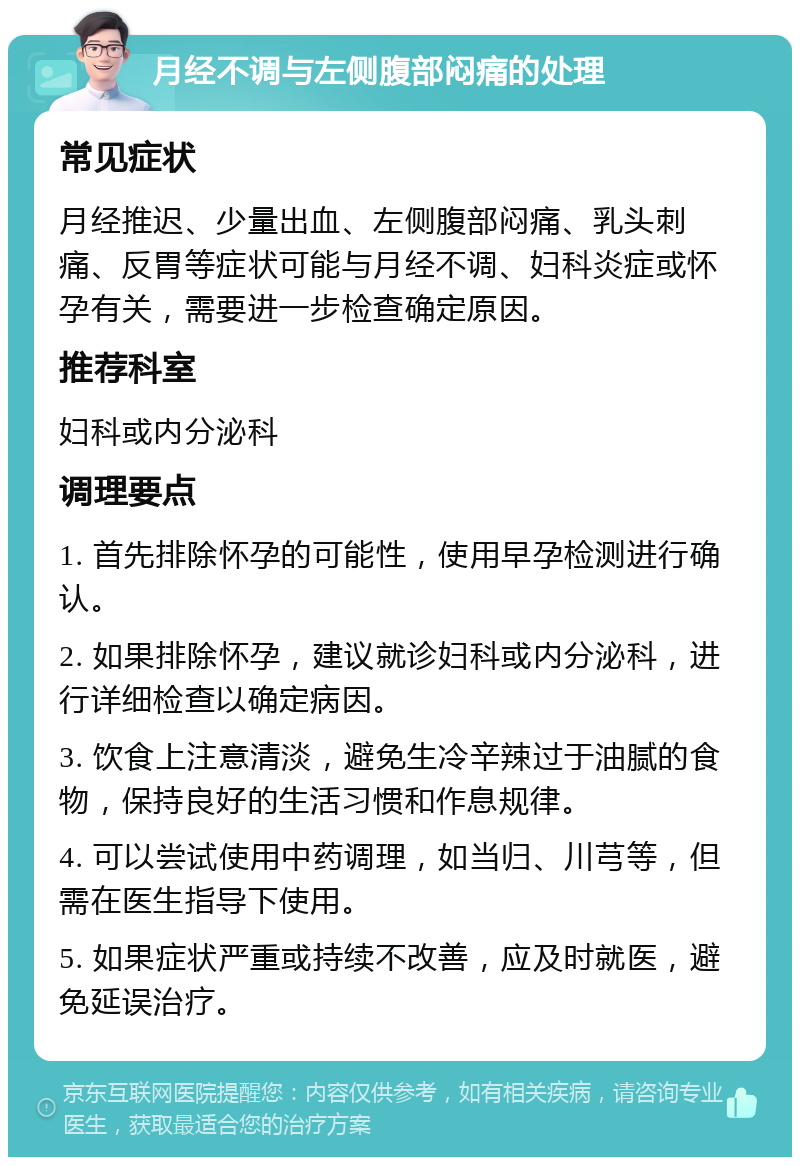 月经不调与左侧腹部闷痛的处理 常见症状 月经推迟、少量出血、左侧腹部闷痛、乳头刺痛、反胃等症状可能与月经不调、妇科炎症或怀孕有关，需要进一步检查确定原因。 推荐科室 妇科或内分泌科 调理要点 1. 首先排除怀孕的可能性，使用早孕检测进行确认。 2. 如果排除怀孕，建议就诊妇科或内分泌科，进行详细检查以确定病因。 3. 饮食上注意清淡，避免生冷辛辣过于油腻的食物，保持良好的生活习惯和作息规律。 4. 可以尝试使用中药调理，如当归、川芎等，但需在医生指导下使用。 5. 如果症状严重或持续不改善，应及时就医，避免延误治疗。