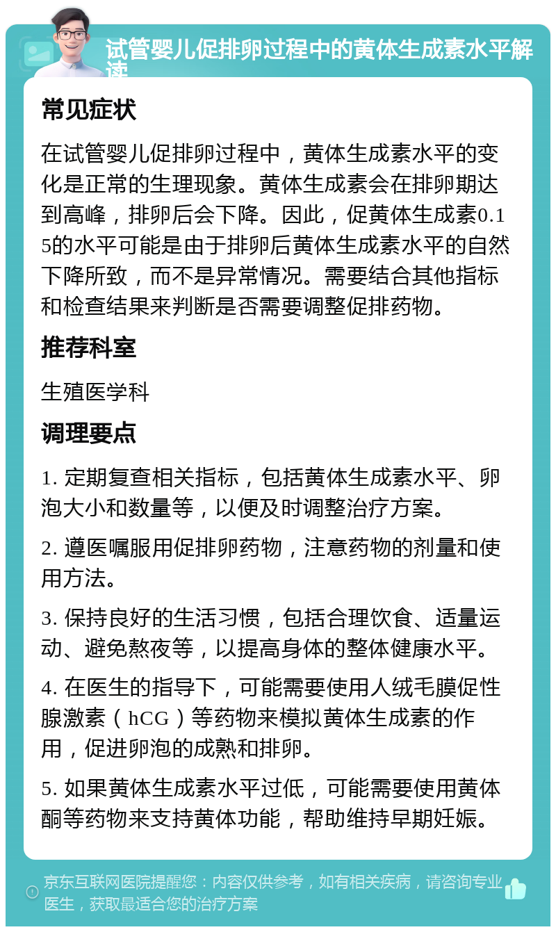 试管婴儿促排卵过程中的黄体生成素水平解读 常见症状 在试管婴儿促排卵过程中，黄体生成素水平的变化是正常的生理现象。黄体生成素会在排卵期达到高峰，排卵后会下降。因此，促黄体生成素0.15的水平可能是由于排卵后黄体生成素水平的自然下降所致，而不是异常情况。需要结合其他指标和检查结果来判断是否需要调整促排药物。 推荐科室 生殖医学科 调理要点 1. 定期复查相关指标，包括黄体生成素水平、卵泡大小和数量等，以便及时调整治疗方案。 2. 遵医嘱服用促排卵药物，注意药物的剂量和使用方法。 3. 保持良好的生活习惯，包括合理饮食、适量运动、避免熬夜等，以提高身体的整体健康水平。 4. 在医生的指导下，可能需要使用人绒毛膜促性腺激素（hCG）等药物来模拟黄体生成素的作用，促进卵泡的成熟和排卵。 5. 如果黄体生成素水平过低，可能需要使用黄体酮等药物来支持黄体功能，帮助维持早期妊娠。