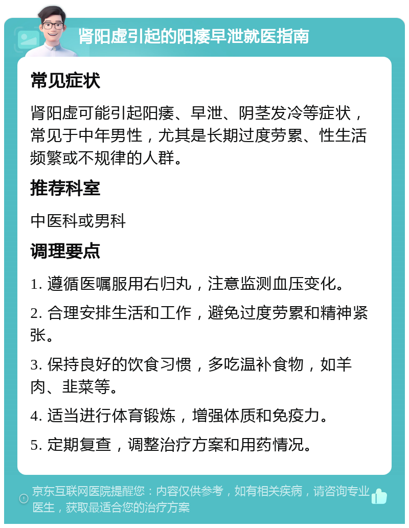 肾阳虚引起的阳痿早泄就医指南 常见症状 肾阳虚可能引起阳痿、早泄、阴茎发冷等症状，常见于中年男性，尤其是长期过度劳累、性生活频繁或不规律的人群。 推荐科室 中医科或男科 调理要点 1. 遵循医嘱服用右归丸，注意监测血压变化。 2. 合理安排生活和工作，避免过度劳累和精神紧张。 3. 保持良好的饮食习惯，多吃温补食物，如羊肉、韭菜等。 4. 适当进行体育锻炼，增强体质和免疫力。 5. 定期复查，调整治疗方案和用药情况。