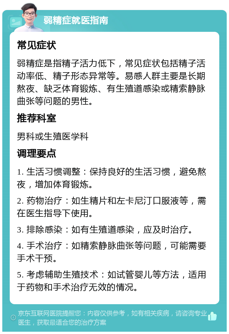 弱精症就医指南 常见症状 弱精症是指精子活力低下，常见症状包括精子活动率低、精子形态异常等。易感人群主要是长期熬夜、缺乏体育锻炼、有生殖道感染或精索静脉曲张等问题的男性。 推荐科室 男科或生殖医学科 调理要点 1. 生活习惯调整：保持良好的生活习惯，避免熬夜，增加体育锻炼。 2. 药物治疗：如生精片和左卡尼汀口服液等，需在医生指导下使用。 3. 排除感染：如有生殖道感染，应及时治疗。 4. 手术治疗：如精索静脉曲张等问题，可能需要手术干预。 5. 考虑辅助生殖技术：如试管婴儿等方法，适用于药物和手术治疗无效的情况。