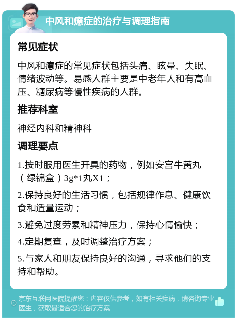 中风和癔症的治疗与调理指南 常见症状 中风和癔症的常见症状包括头痛、眩晕、失眠、情绪波动等。易感人群主要是中老年人和有高血压、糖尿病等慢性疾病的人群。 推荐科室 神经内科和精神科 调理要点 1.按时服用医生开具的药物，例如安宫牛黄丸（绿锦盒）3g*1丸X1； 2.保持良好的生活习惯，包括规律作息、健康饮食和适量运动； 3.避免过度劳累和精神压力，保持心情愉快； 4.定期复查，及时调整治疗方案； 5.与家人和朋友保持良好的沟通，寻求他们的支持和帮助。