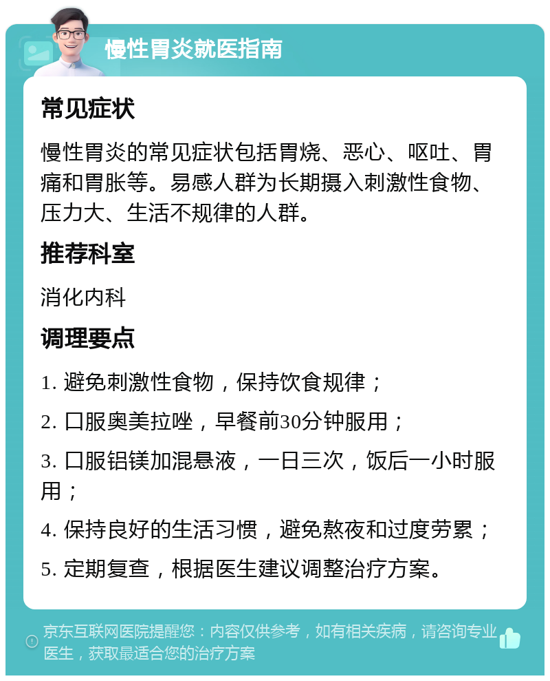 慢性胃炎就医指南 常见症状 慢性胃炎的常见症状包括胃烧、恶心、呕吐、胃痛和胃胀等。易感人群为长期摄入刺激性食物、压力大、生活不规律的人群。 推荐科室 消化内科 调理要点 1. 避免刺激性食物，保持饮食规律； 2. 口服奥美拉唑，早餐前30分钟服用； 3. 口服铝镁加混悬液，一日三次，饭后一小时服用； 4. 保持良好的生活习惯，避免熬夜和过度劳累； 5. 定期复查，根据医生建议调整治疗方案。