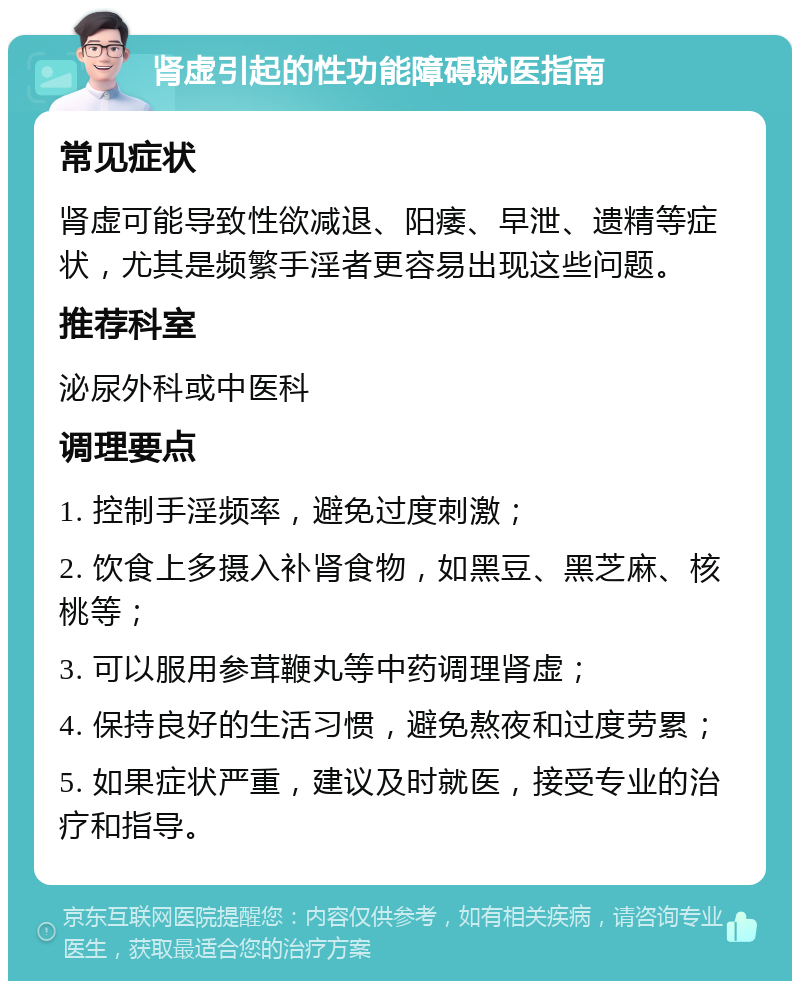 肾虚引起的性功能障碍就医指南 常见症状 肾虚可能导致性欲减退、阳痿、早泄、遗精等症状，尤其是频繁手淫者更容易出现这些问题。 推荐科室 泌尿外科或中医科 调理要点 1. 控制手淫频率，避免过度刺激； 2. 饮食上多摄入补肾食物，如黑豆、黑芝麻、核桃等； 3. 可以服用参茸鞭丸等中药调理肾虚； 4. 保持良好的生活习惯，避免熬夜和过度劳累； 5. 如果症状严重，建议及时就医，接受专业的治疗和指导。