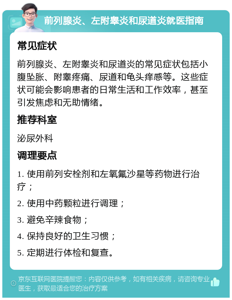 前列腺炎、左附睾炎和尿道炎就医指南 常见症状 前列腺炎、左附睾炎和尿道炎的常见症状包括小腹坠胀、附睾疼痛、尿道和龟头痒感等。这些症状可能会影响患者的日常生活和工作效率，甚至引发焦虑和无助情绪。 推荐科室 泌尿外科 调理要点 1. 使用前列安栓剂和左氧氟沙星等药物进行治疗； 2. 使用中药颗粒进行调理； 3. 避免辛辣食物； 4. 保持良好的卫生习惯； 5. 定期进行体检和复查。