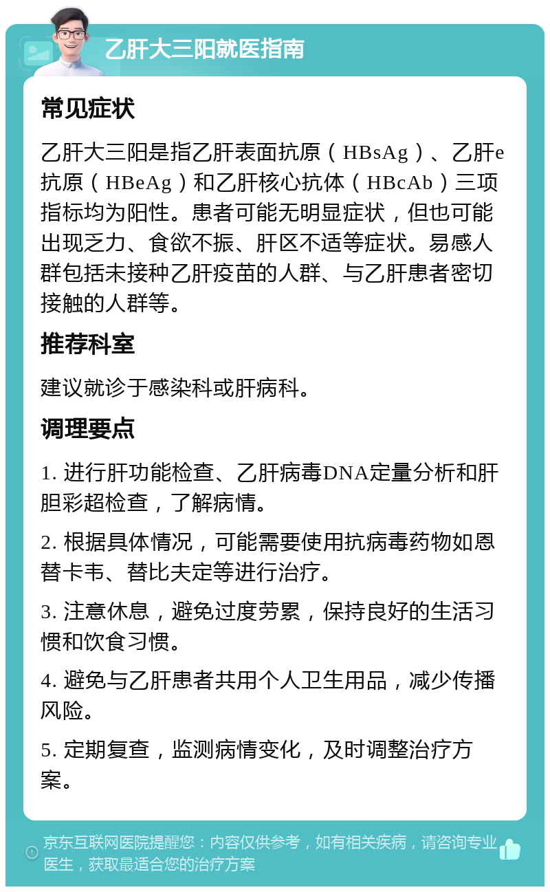 乙肝大三阳就医指南 常见症状 乙肝大三阳是指乙肝表面抗原（HBsAg）、乙肝e抗原（HBeAg）和乙肝核心抗体（HBcAb）三项指标均为阳性。患者可能无明显症状，但也可能出现乏力、食欲不振、肝区不适等症状。易感人群包括未接种乙肝疫苗的人群、与乙肝患者密切接触的人群等。 推荐科室 建议就诊于感染科或肝病科。 调理要点 1. 进行肝功能检查、乙肝病毒DNA定量分析和肝胆彩超检查，了解病情。 2. 根据具体情况，可能需要使用抗病毒药物如恩替卡韦、替比夫定等进行治疗。 3. 注意休息，避免过度劳累，保持良好的生活习惯和饮食习惯。 4. 避免与乙肝患者共用个人卫生用品，减少传播风险。 5. 定期复查，监测病情变化，及时调整治疗方案。