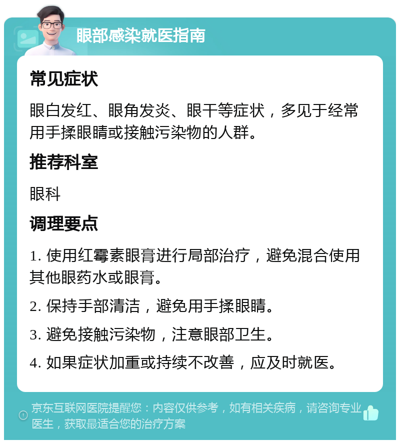 眼部感染就医指南 常见症状 眼白发红、眼角发炎、眼干等症状，多见于经常用手揉眼睛或接触污染物的人群。 推荐科室 眼科 调理要点 1. 使用红霉素眼膏进行局部治疗，避免混合使用其他眼药水或眼膏。 2. 保持手部清洁，避免用手揉眼睛。 3. 避免接触污染物，注意眼部卫生。 4. 如果症状加重或持续不改善，应及时就医。