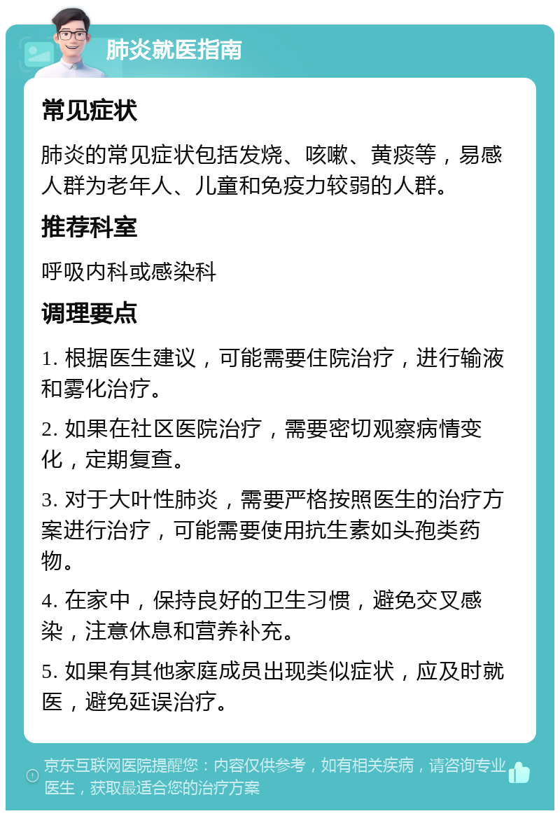 肺炎就医指南 常见症状 肺炎的常见症状包括发烧、咳嗽、黄痰等，易感人群为老年人、儿童和免疫力较弱的人群。 推荐科室 呼吸内科或感染科 调理要点 1. 根据医生建议，可能需要住院治疗，进行输液和雾化治疗。 2. 如果在社区医院治疗，需要密切观察病情变化，定期复查。 3. 对于大叶性肺炎，需要严格按照医生的治疗方案进行治疗，可能需要使用抗生素如头孢类药物。 4. 在家中，保持良好的卫生习惯，避免交叉感染，注意休息和营养补充。 5. 如果有其他家庭成员出现类似症状，应及时就医，避免延误治疗。