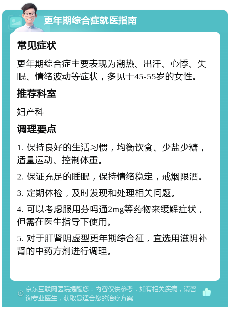 更年期综合症就医指南 常见症状 更年期综合症主要表现为潮热、出汗、心悸、失眠、情绪波动等症状，多见于45-55岁的女性。 推荐科室 妇产科 调理要点 1. 保持良好的生活习惯，均衡饮食、少盐少糖，适量运动、控制体重。 2. 保证充足的睡眠，保持情绪稳定，戒烟限酒。 3. 定期体检，及时发现和处理相关问题。 4. 可以考虑服用芬吗通2mg等药物来缓解症状，但需在医生指导下使用。 5. 对于肝肾阴虚型更年期综合征，宜选用滋阴补肾的中药方剂进行调理。