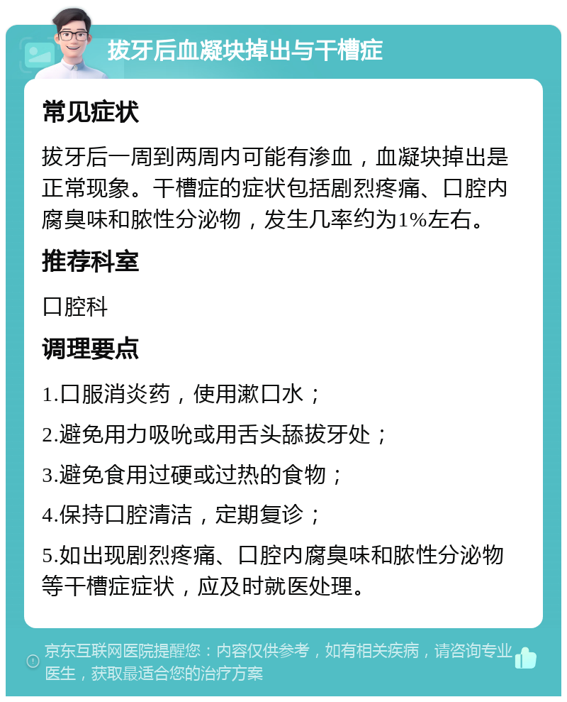 拔牙后血凝块掉出与干槽症 常见症状 拔牙后一周到两周内可能有渗血，血凝块掉出是正常现象。干槽症的症状包括剧烈疼痛、口腔内腐臭味和脓性分泌物，发生几率约为1%左右。 推荐科室 口腔科 调理要点 1.口服消炎药，使用漱口水； 2.避免用力吸吮或用舌头舔拔牙处； 3.避免食用过硬或过热的食物； 4.保持口腔清洁，定期复诊； 5.如出现剧烈疼痛、口腔内腐臭味和脓性分泌物等干槽症症状，应及时就医处理。